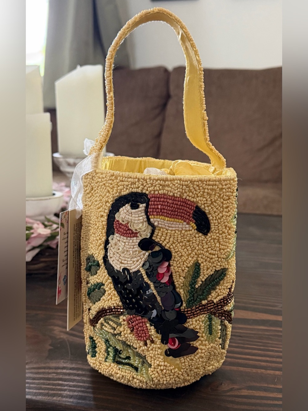 Hand-Beaded Toucan Bucket Bag in Yellow